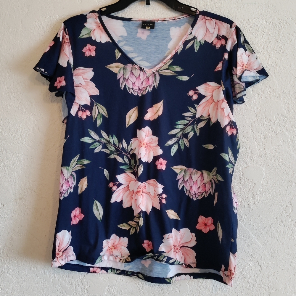 Southland Top XL Multicolor Floral V-Neck Short Cap Sleeves Casual Womens